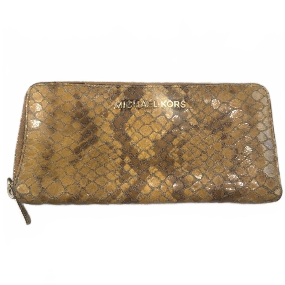 Michael Kors Wallet Brown Snake Embossed Zip Around Leather Wristlet‎ Clutch